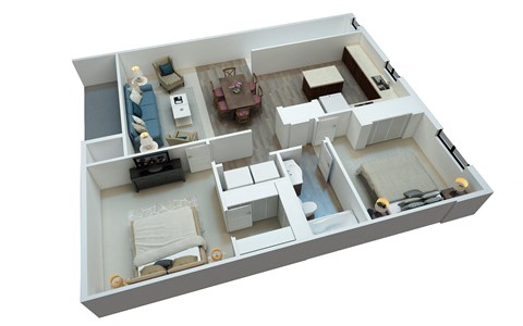a 3d floor plan of a house with a bedroom and a living room